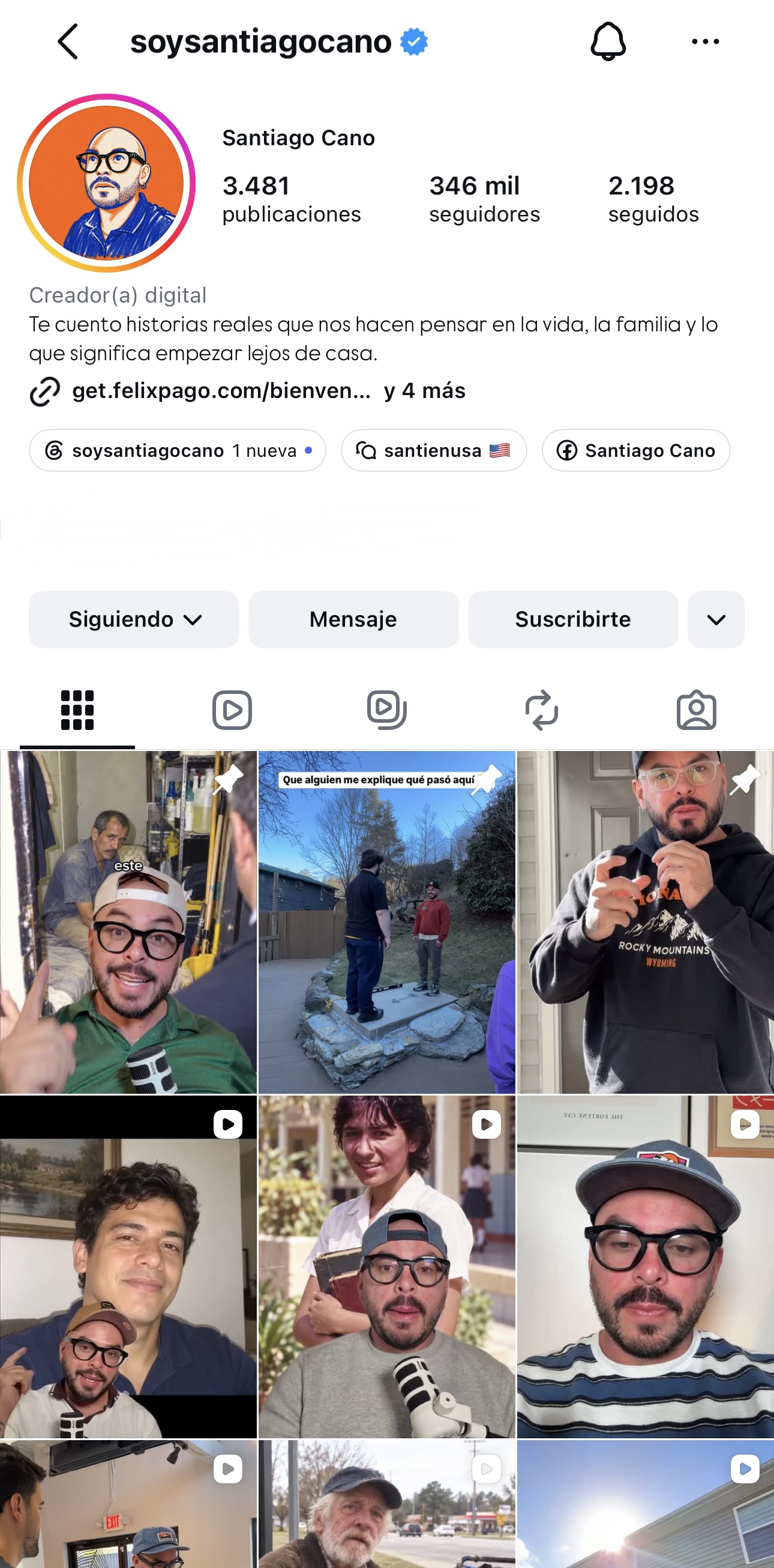 Captura real del perfil de Instagram de Santiago Cano, con su biografía y una selección visible de sus publicaciones.